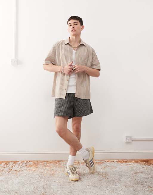 Reclaimed Vintage Boxy Cropped Shirt In Beige And Blue Stripe