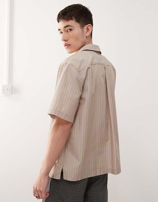 Reclaimed Vintage Boxy Cropped Shirt In Beige And Blue Stripe