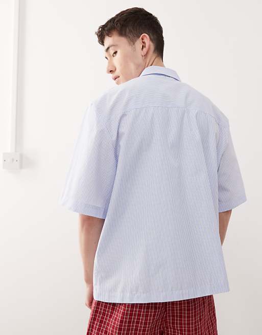 Reclaimed Vintage Boxy Short Sleeve Shirt With Embroidery In Blue Pinstripe