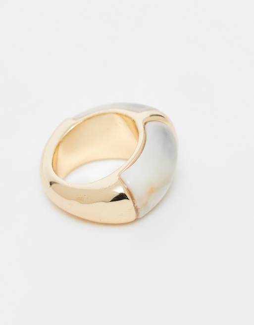 Reclaimed Vintage Chubby Ring With Cream Stone Inlay In Gold