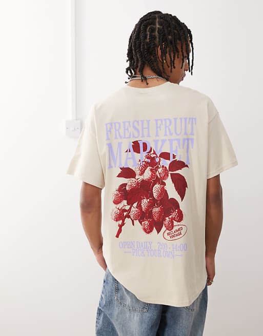 Reclaimed Vintage cotton oversized t-shirt with fruit market back print in beige