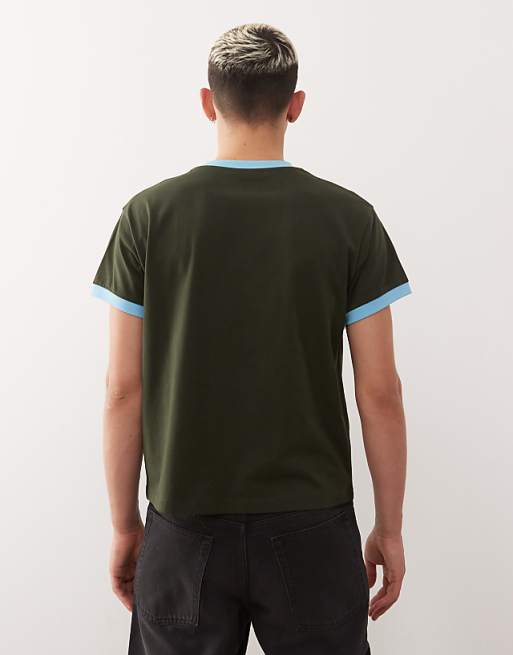 Reclaimed Vintage Cropped Boxy Ringer T-shirt With Branded Graphic In Charcoal And Blue