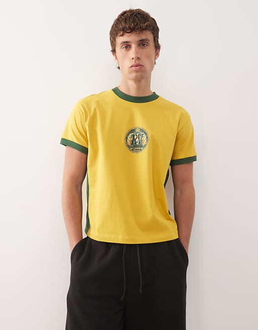 Reclaimed Vintage cropped boxy ringer tshirt with beer mat graphic in yellow and green