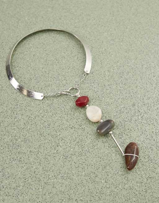 Reclaimed Vintage Cuff Necklace With Gem Drop Detail In Silver