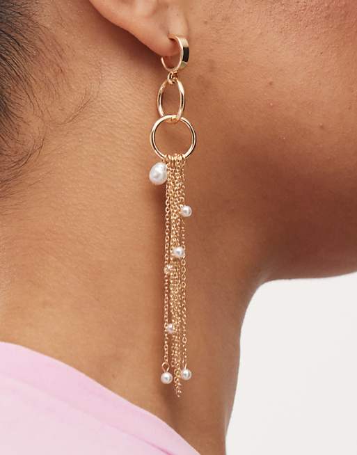 Reclaimed Vintage dangly loop chain earrings with pearls in gold