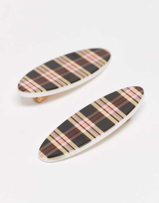 Reclaimed Vintage Hair Clip 2 Pack In Brown Tartan Print