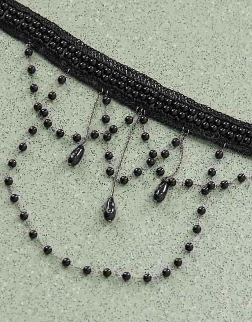 Reclaimed Vintage Halloween Droplet Beaded Lace Chocker In Black