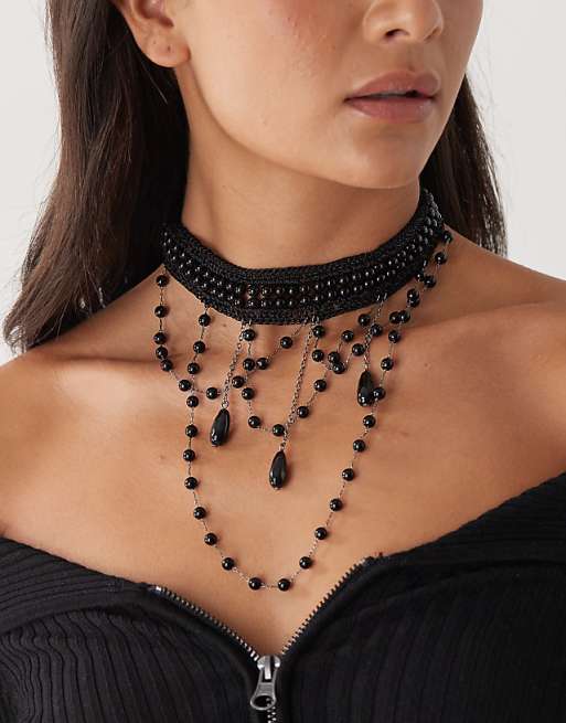 Reclaimed Vintage Halloween droplet beaded lace chocker in black