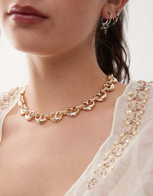 Reclaimed Vintage heart link chain necklace in gold