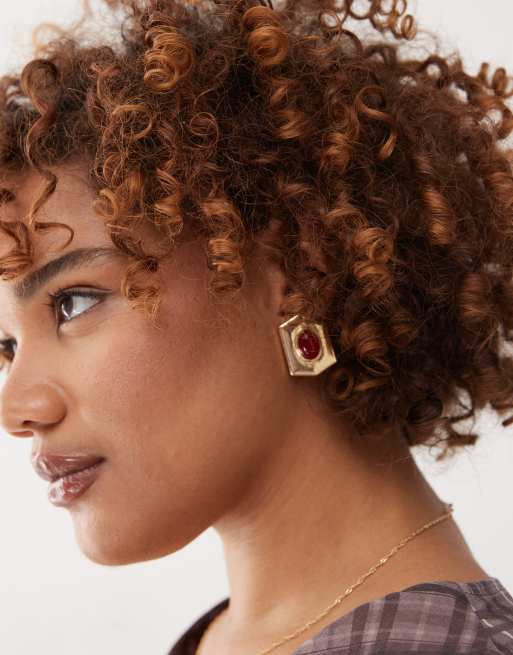 Reclaimed Vintage Hexagonal Stud Earrings With Faux Red Stone In Gold