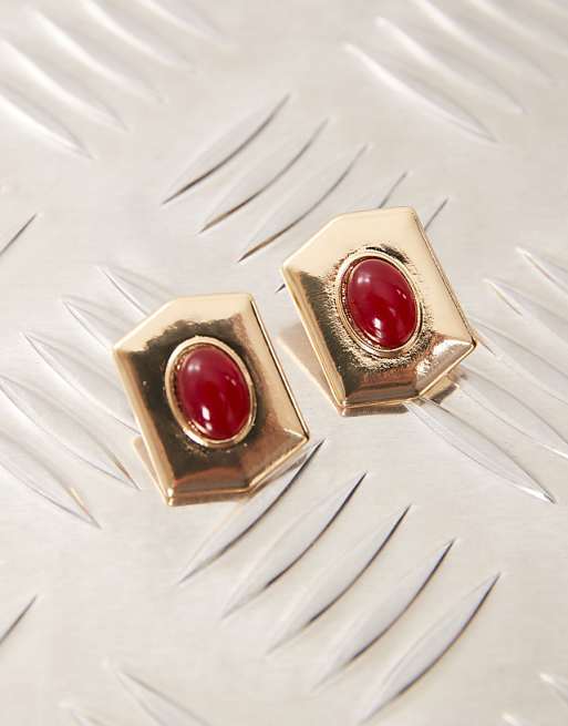 Reclaimed Vintage hexagonal stud earrings with faux red stone in gold