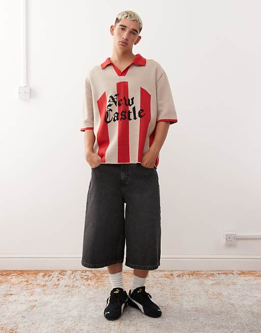Reclaimed Vintage Knitted Polo Football Shirt With Graphic Print In Ecru And Red Stripe