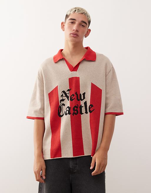 Reclaimed Vintage knitted polo football shirt with graphic print in ecru and red stripe