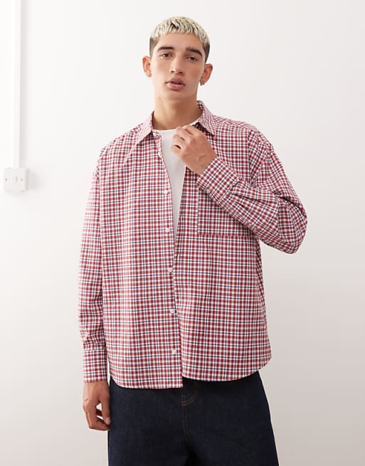 Reclaimed Vintage long sleeve boxy crop shirt in blue and red check