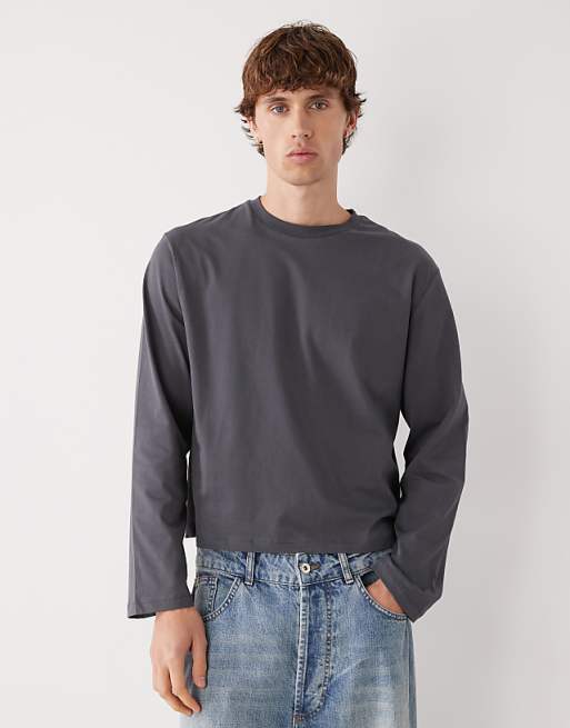 Reclaimed Vintage long sleeve cropped boxy t-shirt in charcoal grey