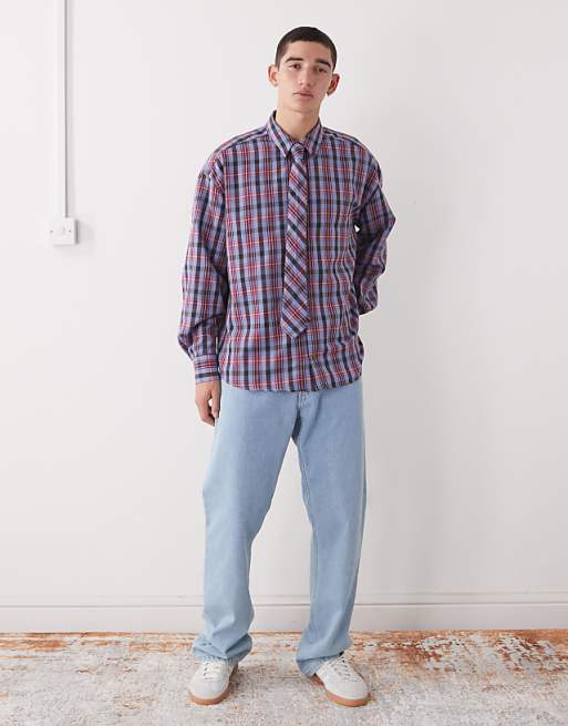 Reclaimed Vintage Long Sleeve Oversized Brushed Shirt With Tie In Blue And Red Check