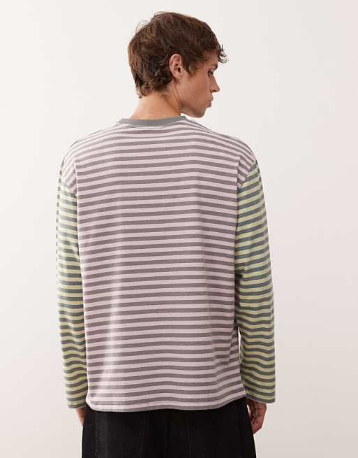 Reclaimed Vintage Mixed Multi Stripe Long Sleeve Tee With Branding Graphic In Multi