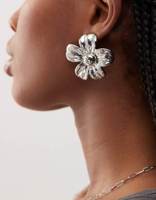 Reclaimed Vintage Oversized Flower Earrings In Silver