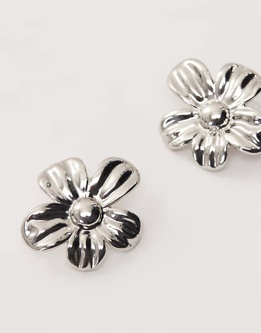 Reclaimed Vintage oversized flower earrings in silver