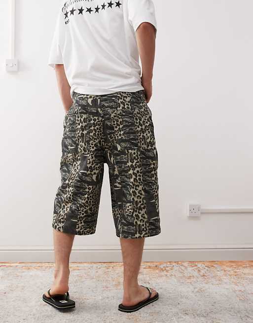 Reclaimed Vintage Oversized Longline Denim Jort In Camo Animal Print