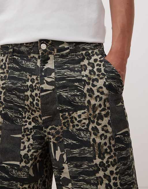 Reclaimed Vintage Oversized Longline Denim Jort In Camo Animal Print