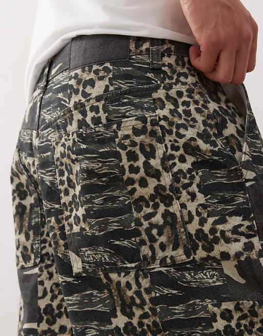 Reclaimed Vintage Oversized Longline Denim Jort In Camo Animal Print