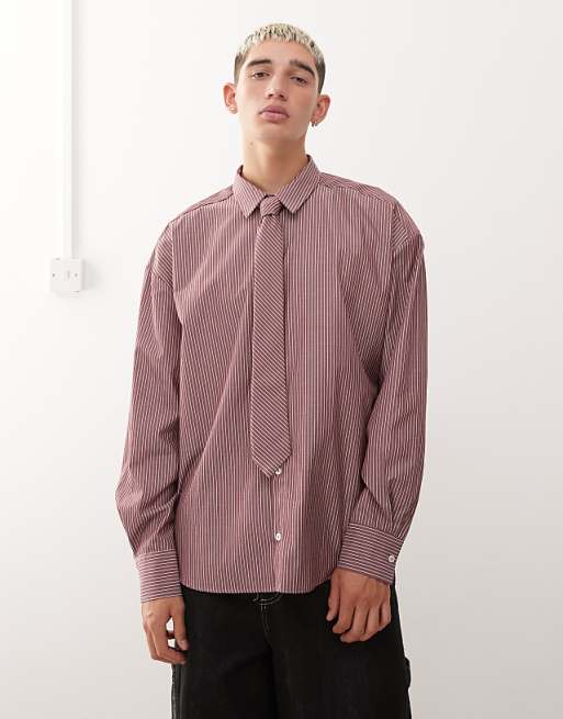 Reclaimed Vintage oversized shirt with tie in burgundy stripe