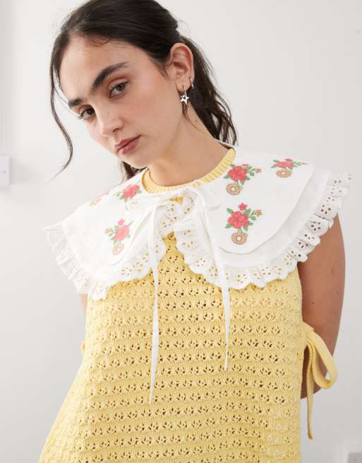 Reclaimed Vintage Oversized Tie Front Collar With Floral Embroidery In White Broderie