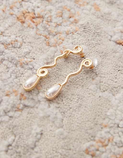 Reclaimed Vintage pearl drop swirl earrings in gold