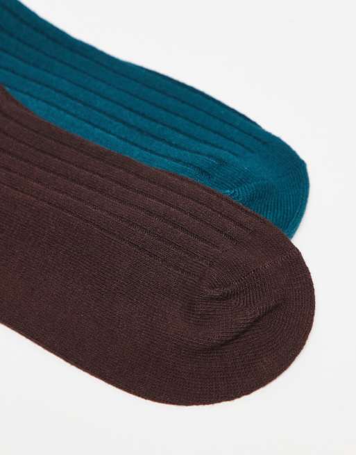 Reclaimed Vintage Ribbed Ankle Length Sock 2 Pack In Chocolate Brown And Emerald Green