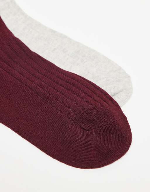 Reclaimed Vintage Ribbed Ankle Length Sock 2 Pack In Burgundy And Light Grey