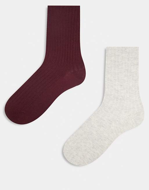Reclaimed Vintage ribbed ankle length sock 2 pack in burgundy and light grey