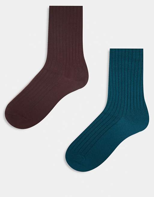 Reclaimed Vintage ribbed ankle length sock 2 pack in chocolate brown and emerald green