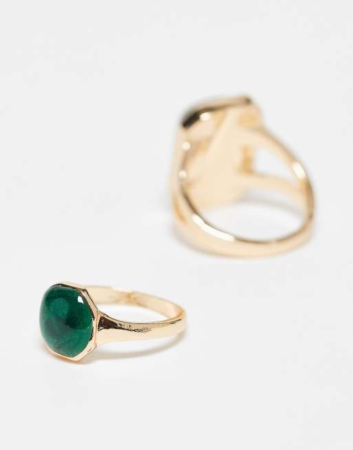 Reclaimed Vintage Ring 2 Pack With Faux Emerald Stones In Gold