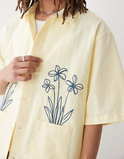 Reclaimed Vintage Short Sleeve Boxy Shirt With Floral Embroidery In Butter Yellow