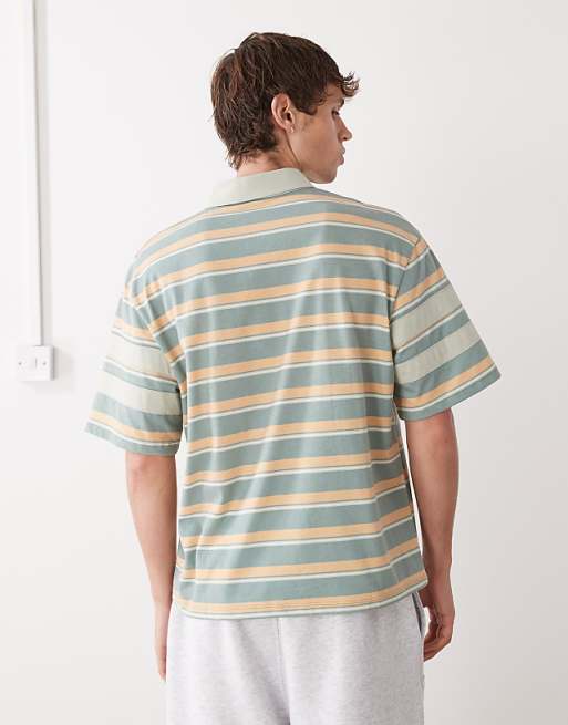 Reclaimed Vintage Short Sleeve Polo Shirt In Green And Orange Stripes