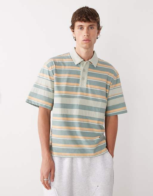 Reclaimed Vintage short sleeve polo shirt in green and orange stripes