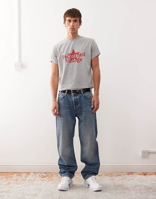 Reclaimed Vintage Slim Cropped Boxy Tee With Branded Graphic In Grey Marl