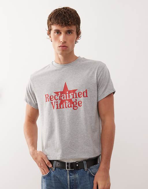 Reclaimed Vintage slim cropped boxy tee with branded graphic in grey marl
