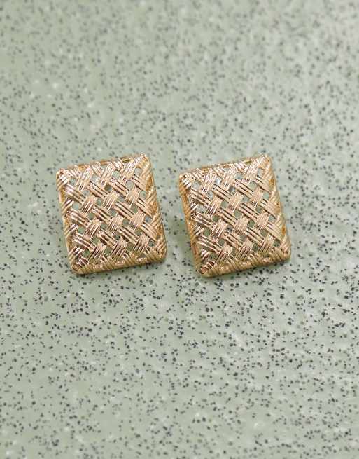 Reclaimed Vintage Square Stud Earrings With Weave Detail In Gold