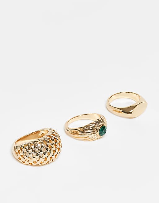 Reclaimed Vintage stacking ring 3 pack with green stone in gold