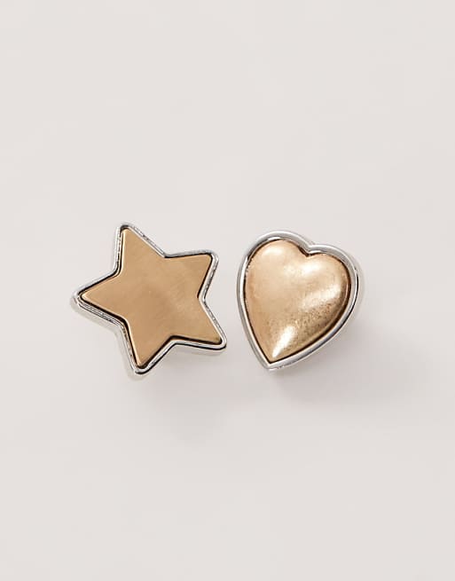Reclaimed Vintage star and heart mixed metal stud earrings