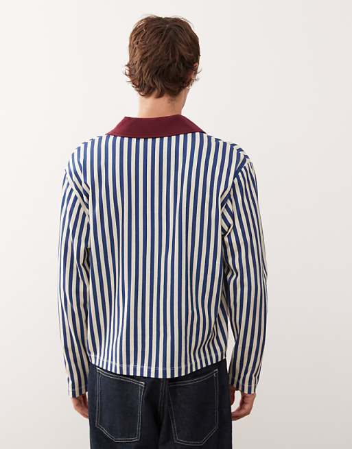 Reclaimed Vintage Stripe Football Polo In Blue And White With Branding Graphic