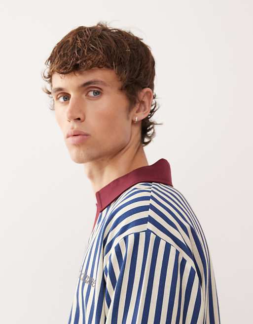 Reclaimed Vintage Stripe Football Polo In Blue And White With Branding Graphic