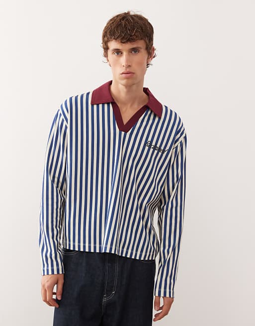 Reclaimed Vintage stripe football polo in blue and white with branding graphic