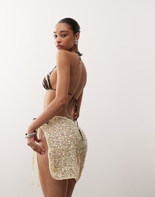 Reclaimed Vintage Tie Side Beach Skirt In Butter Yellow Sequins