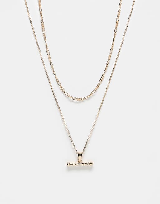 Reclaimed Vintage unisex 2 row chain necklace with T bar in gold