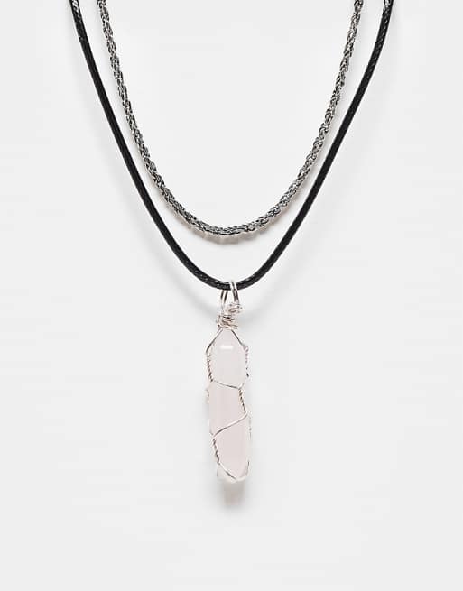 Reclaimed Vintage unisex 2 row cord necklace with faux stone in pink