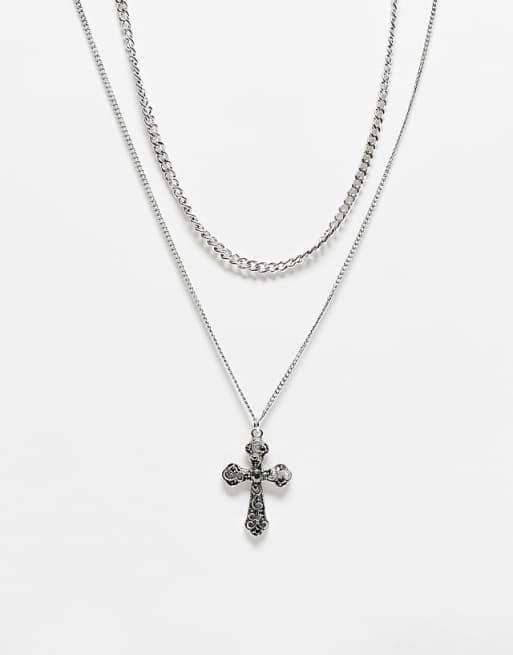 Reclaimed Vintage unisex 2 row necklace with cross in burnished silver