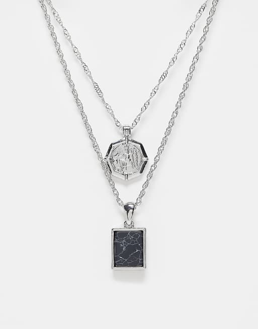 Reclaimed Vintage unisex 2 row necklace with pendant in silver